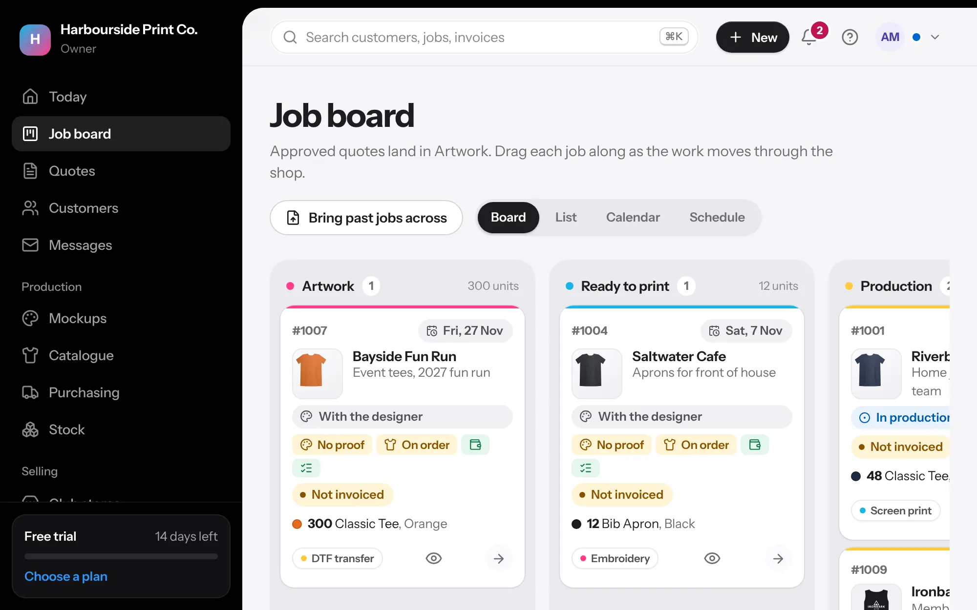 The job board with jobs in each stage