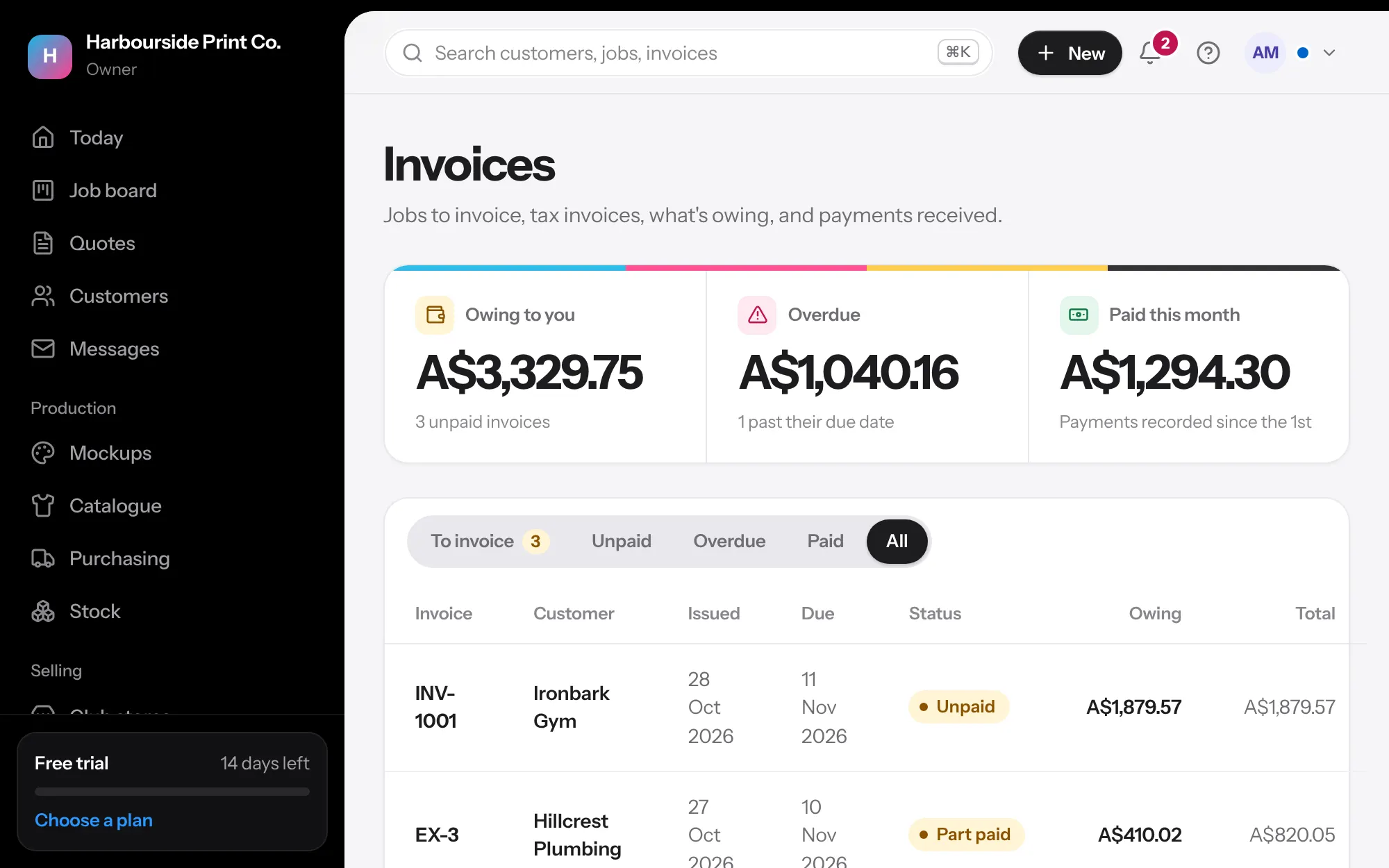 Invoices showing paid, part paid and overdue