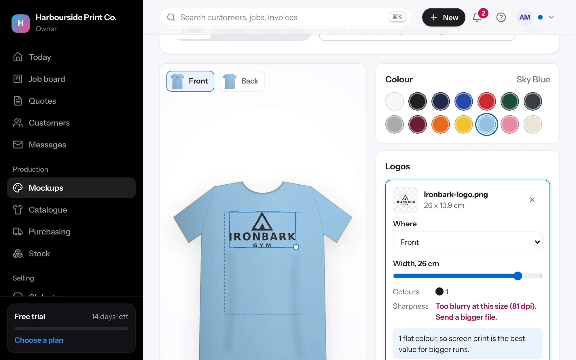 The mockup builder with a logo on a navy tee