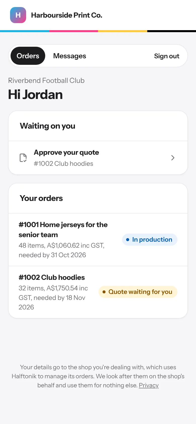 A customer's orders in the portal on a phone